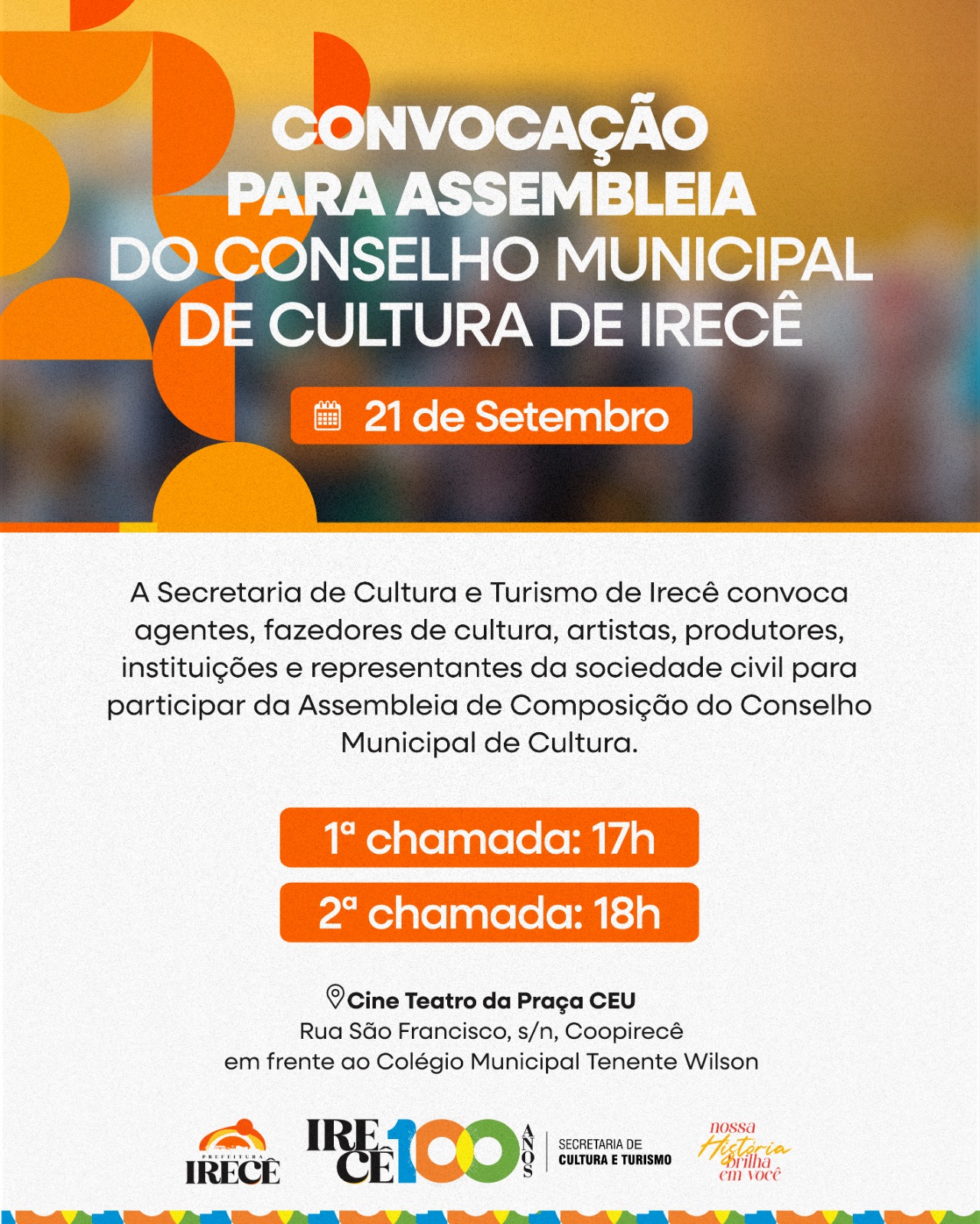 Card de divulgação oficial da Assembleia de Composição do Conselho Municipal de Cultura de Irecê, com data, horários e local do encontro